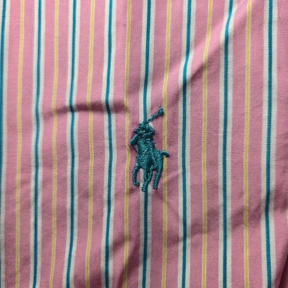 Ralph Lauren Classic Fit Mens Pink Yellow Teal Striped Button Down Shirt Medium - Picture 3 of 8